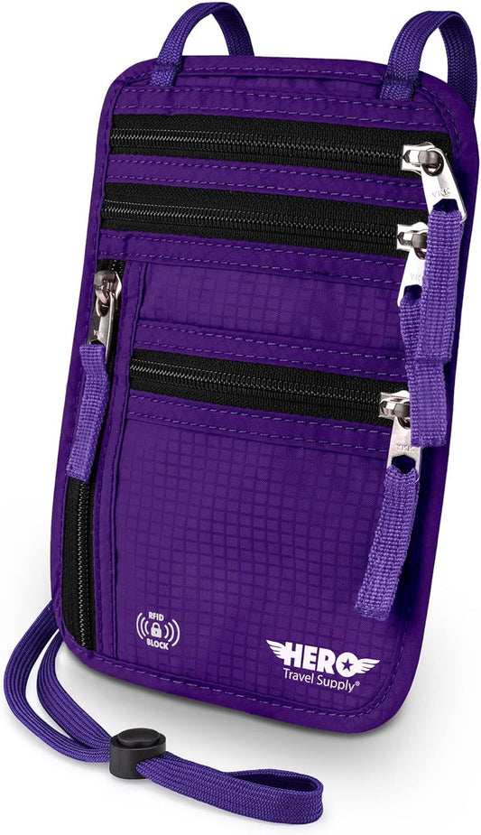 HERO Neck Wallet, RFID Blocking Passport Holder, Easy to Conceal Pouch (Purple)