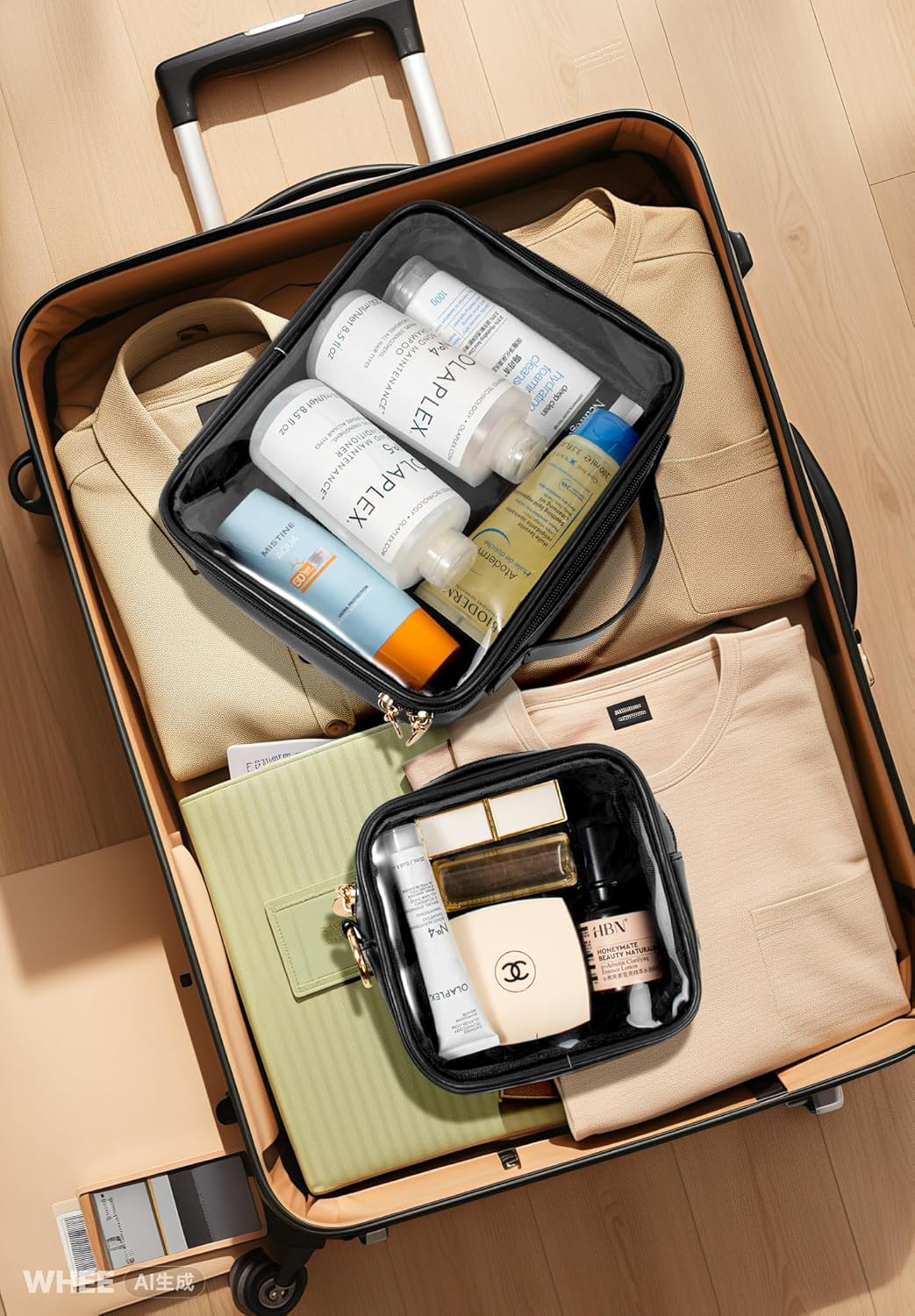 2pcs Clear Toiletry Bag TSA Approved Travel Bag,Carry On for Travel,Airport Airline Accessories Compliant Bag,Quart Sized Makeup Cosmetic bag Women Men (Large+Mini Black)