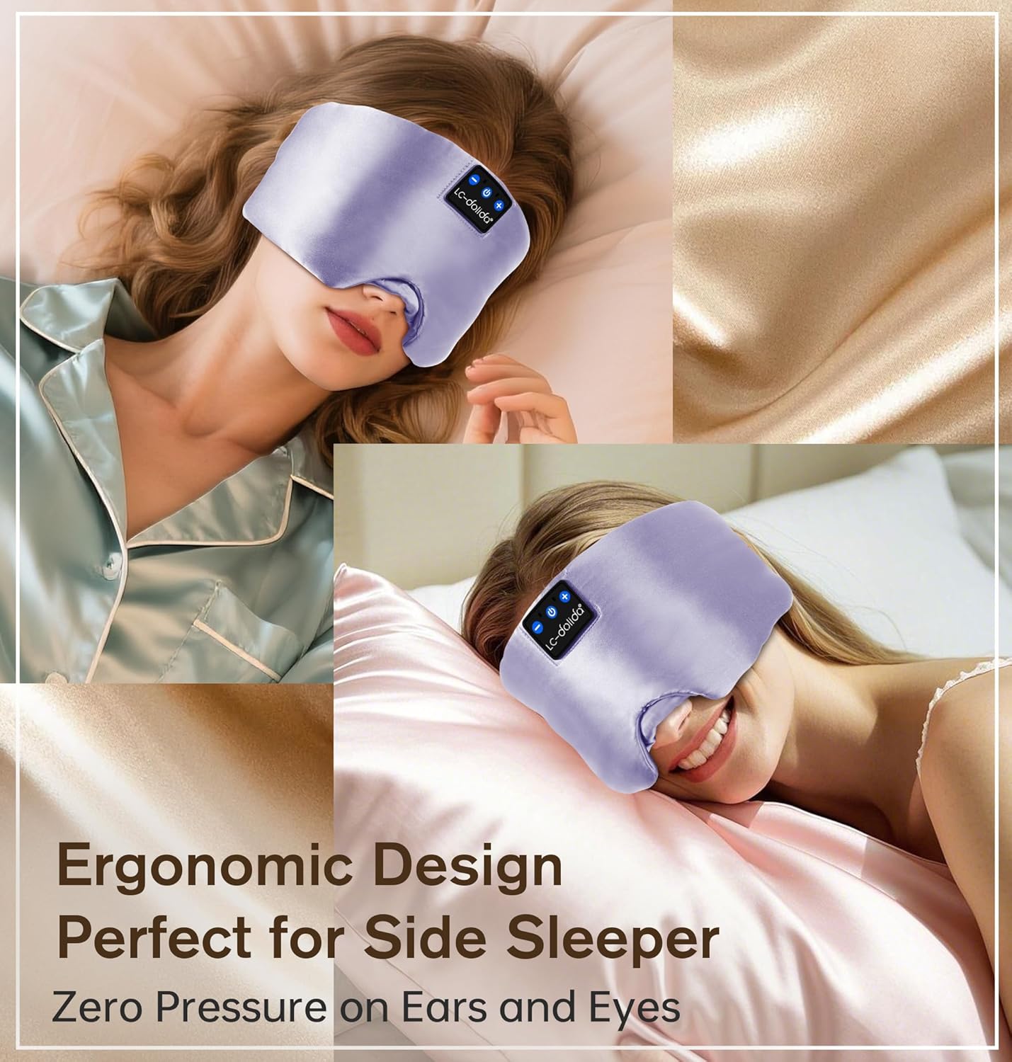 LC-dolida Luxurious Silk Soft Sleep Mask, Sleep Headphones with Bluetooth 5.4 for Side Sleeper, Total Blackout Eye Sleeping Mask for Women and Men, Ideal Gift for Restful Sleep, Travel(Light Purple)