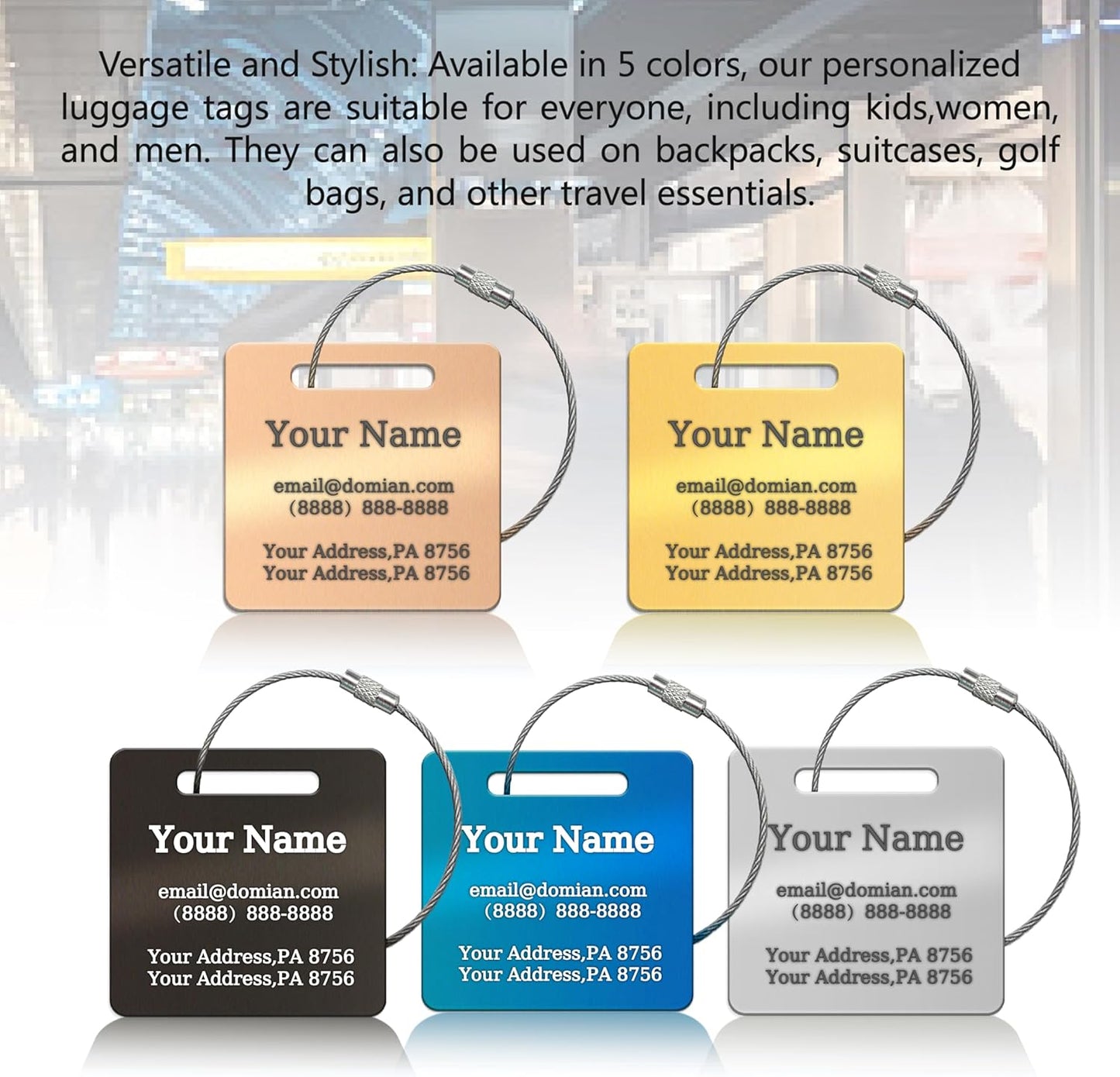 （2-Pack） Stainless Steel Custom Luggage Tags - Laser Engraved Personalized Travel Tags - Custom Name Identification Tags: for Suitcases, Backpacks, Bags and More (Black)