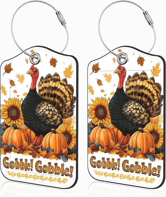 2 Pack Autumn Turkey and Pumpkin Luggage Tags for Suitcases Sunflower Leather Luggage Tags Privacy Cover ID Label with Stainless Steel Loop and Address Card for Women Men Travel Bag Backpack