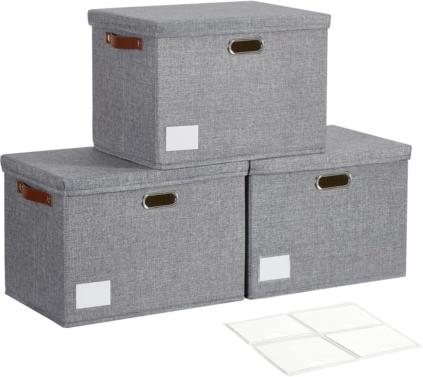 17" Large Collapsible Storage Bins with Lids, Stackable Closet Organizers with PU Handle and Labels, 3-Pack Decorative Fabric Storage Boxes for Home, Bedroom, Closet, Office, Nursery(Gray)