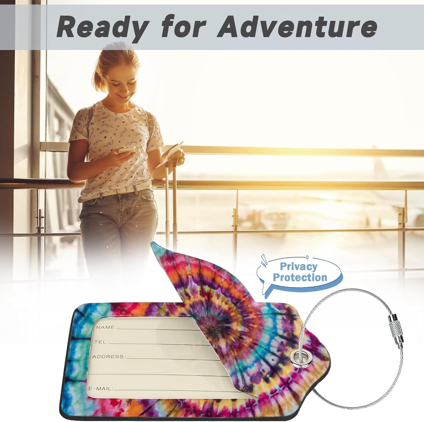 Abstract Tie Dye Colorful Rainbow Luggage Tag for Suitcase 2 Pcs Unique Leather Suitcase Tags with Full Privacy Cover Stainless Steel Loop for Women Men Travel Baggage Bag Backpack