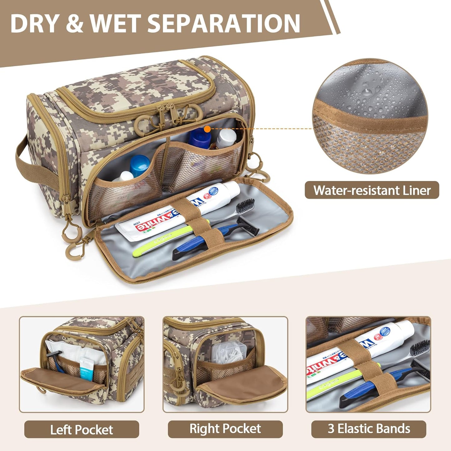 Tactical Toiletry Bag for Men, Hanging Hygiene Bag, Travel Dopp Kit Organizer for Shaving, Shower Essentials and Toiletries, Desert Yellow (Empty Bag)