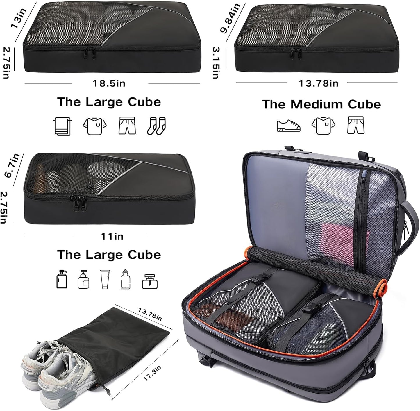 Laptop Backpack for Women, 50L Carry On Backpack Men, Expandable Flight Approved Water Resistant Luggage with 3 Packing Cubes & USB Port, Travel Backpack Fits 17.3 Inch Notebook