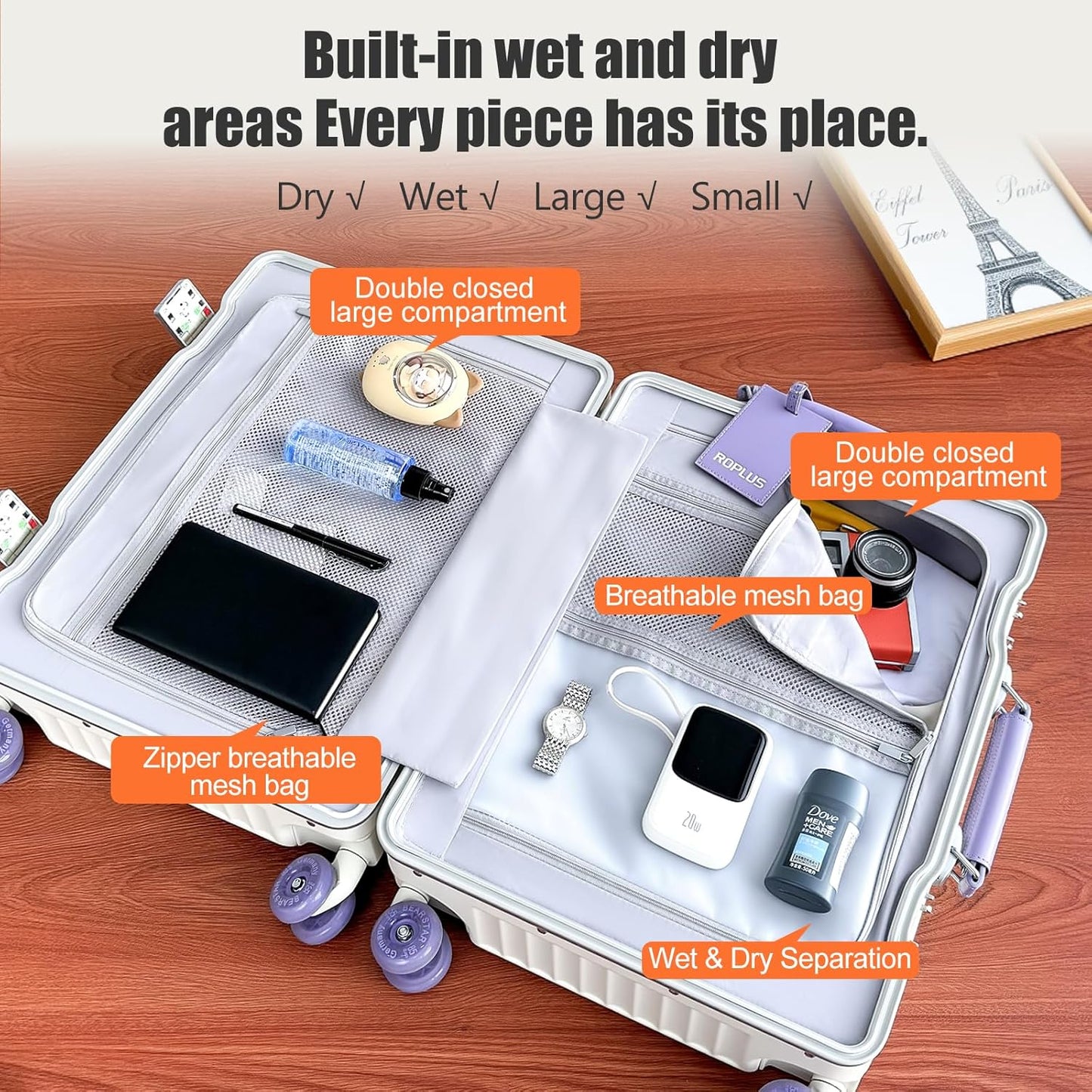 Aluminium Frame Checked-Luggage with Smooth Jelly Wheels, Hardside Zipperless Rolling Suitcase with TSA Lock (WhitePurple, 28-Inch)