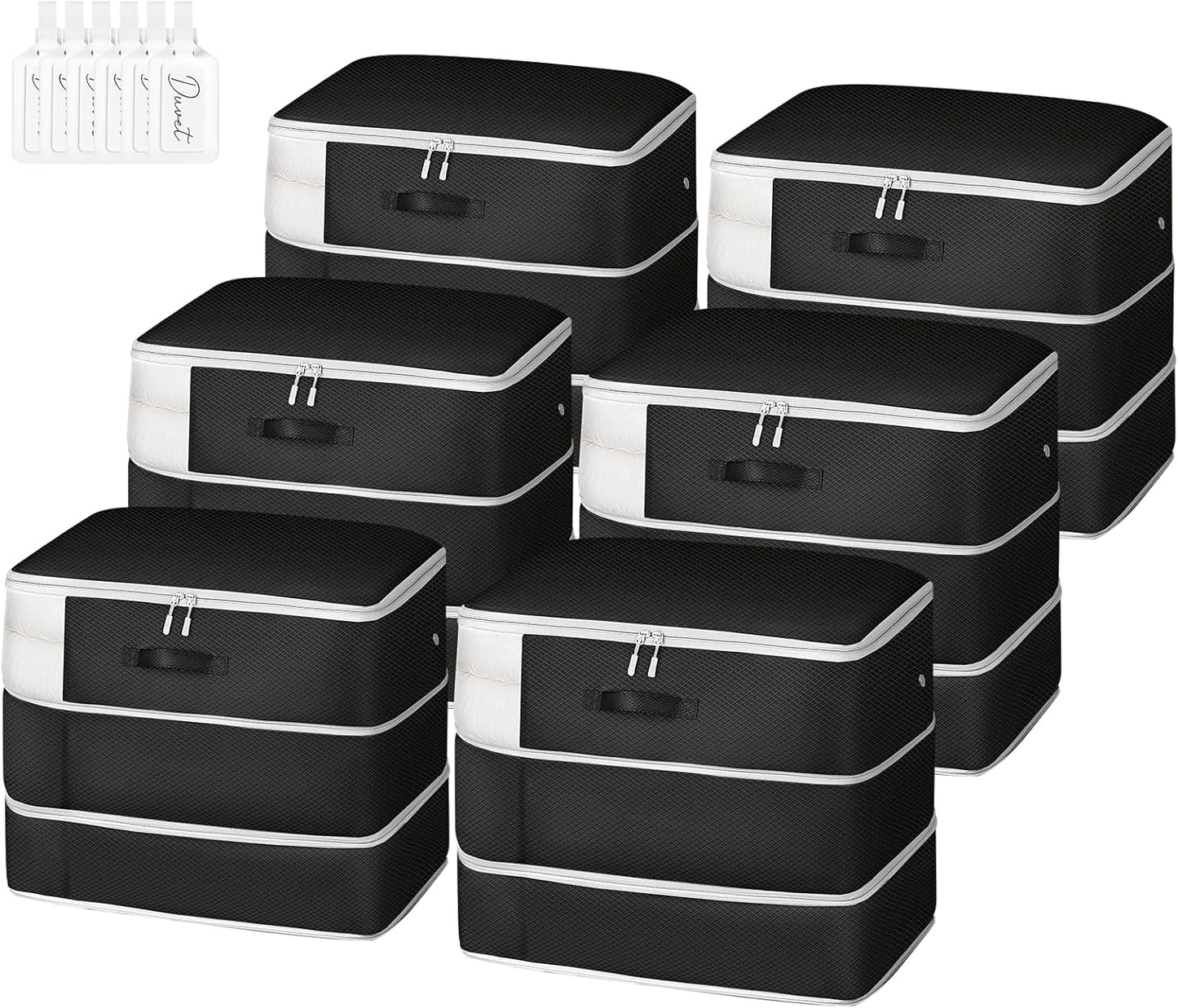 Comforter Storage Bag - Large Capacity Blanket Storage Bags 3-Layer Ultra Space Saving Self Compression Organizer, Washable Compression Bags for Storage Comforter Blanket, 6-Pack, Black