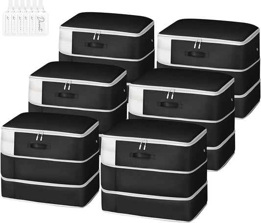 Comforter Storage Bag - Large Capacity Blanket Storage Bags 3-Layer Ultra Space Saving Self Compression Organizer, Washable Compression Bags for Storage Comforter Blanket, 6-Pack, Black