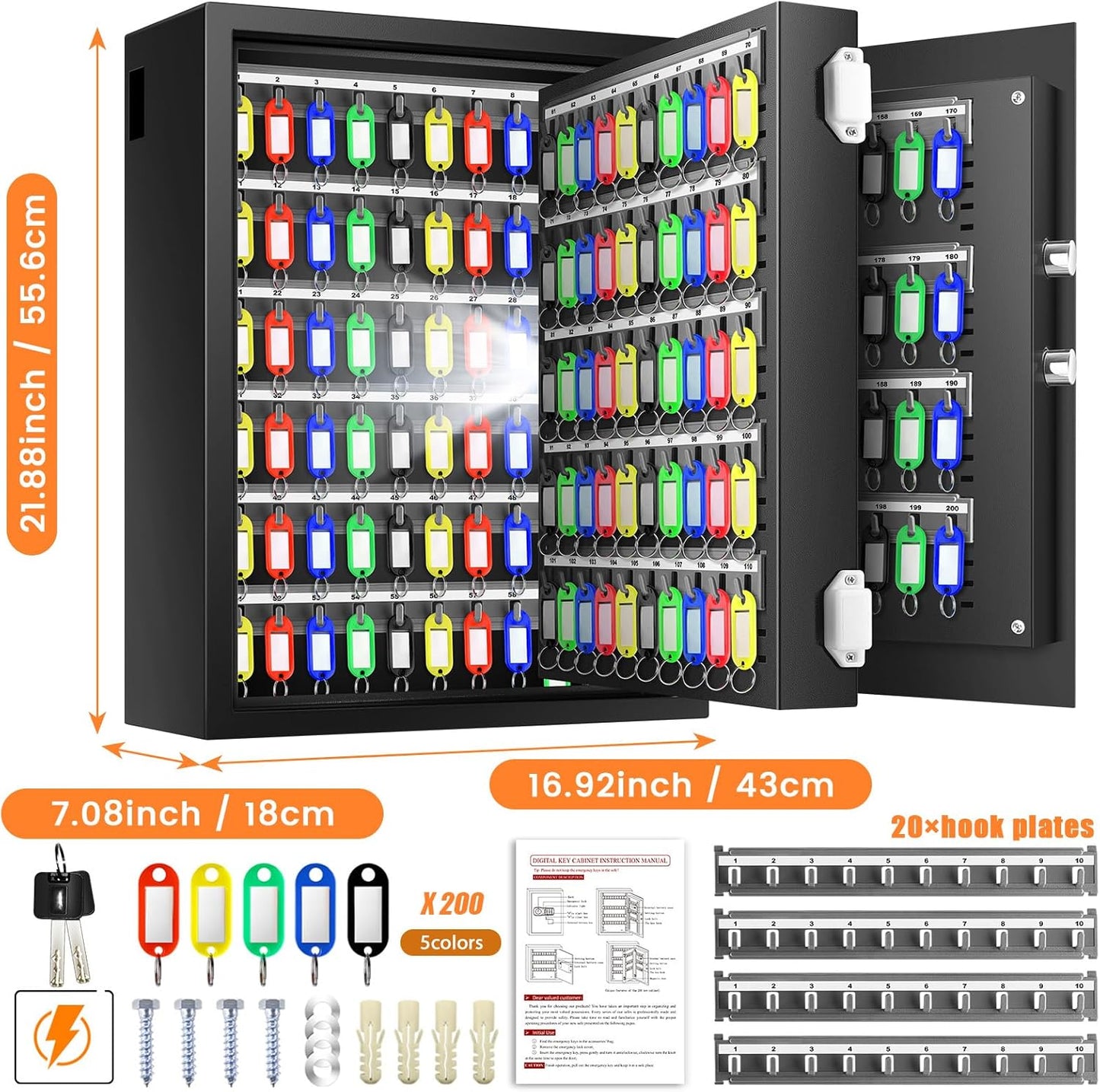 200 Keys Fireproof Key Safe with Hook Plates and Key Tags, Anti-Theft Key Lock Box Wall Mount with Combination Lock, Heavy Duty Key Box Key Cabinet Key Organizer for Home Office Garage