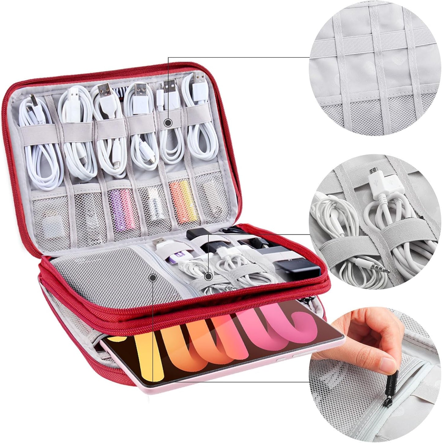 Electronics Organizer - Travel Cable Organizer Bag, Water Resistant Double Layers Pouch for Cord, iPhone, iPad Mini - Gift for Men Electronic Accessories Storage Case with 5 Cable Ties, Red