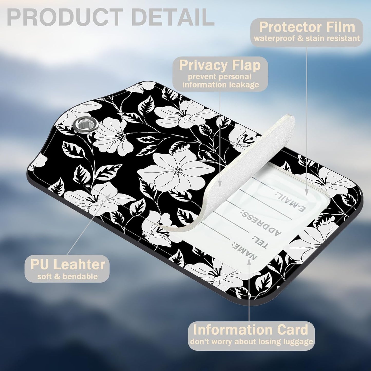 2 Pack Luggage Tags for Suitcases Black Flowers and Leaves Leather Luggage Tags Privacy Cover ID Label with Stainless Steel Loop and Address Card for Women Men Travel Bag Backpack