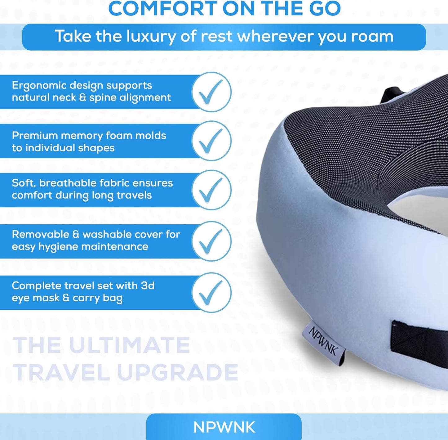 Pure Memory Foam Travel Pillows for Airplanes – Ergonomic Design with Adjustable Fit, Machine Washable, 3D Eye Mask & Compact Plane Pillow for Traveling – Grey & Blue