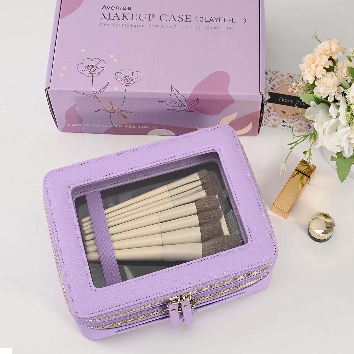 Aveniee Clear Makeup Bags, Double Layer Cosmetic Bags with a Separate Brush Compartment, Large Travel Toiletry Bag Train Case for Women, Travel Accessories Organizer.2 Layers Large, Lilac