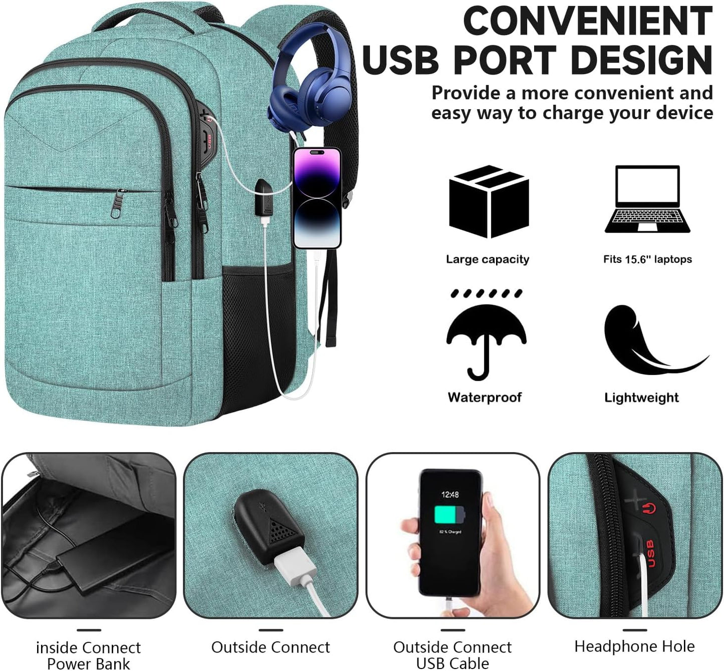 Lapsouno Business Laptop Backpack, Travel Laptop Backpack, Backpack, Anti Theft Sturdy 15.6 Inch TSA Friendly with USB Port, Water Resistant College School Computer Bag Gifts for Men Women, Lake Green