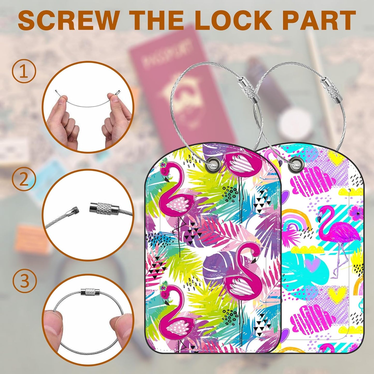 2 PCS Leather Luggage Tag for Suitcase Tropical Leaf and Flamingo Travel Suitcase Labels with Privacy Name ID Label and Stainless Steel Loop for Adults Teens Travel Bag Labels Set