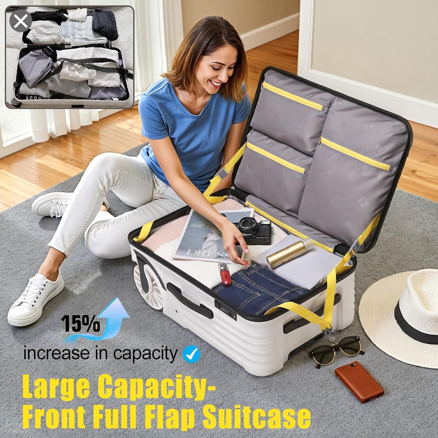 Extra Large Wheels Carry On Luggage Hard Shell Suitcase Top Opening Hardside Frame Travel Luggage with TSA Lock (White, 21-Inch)