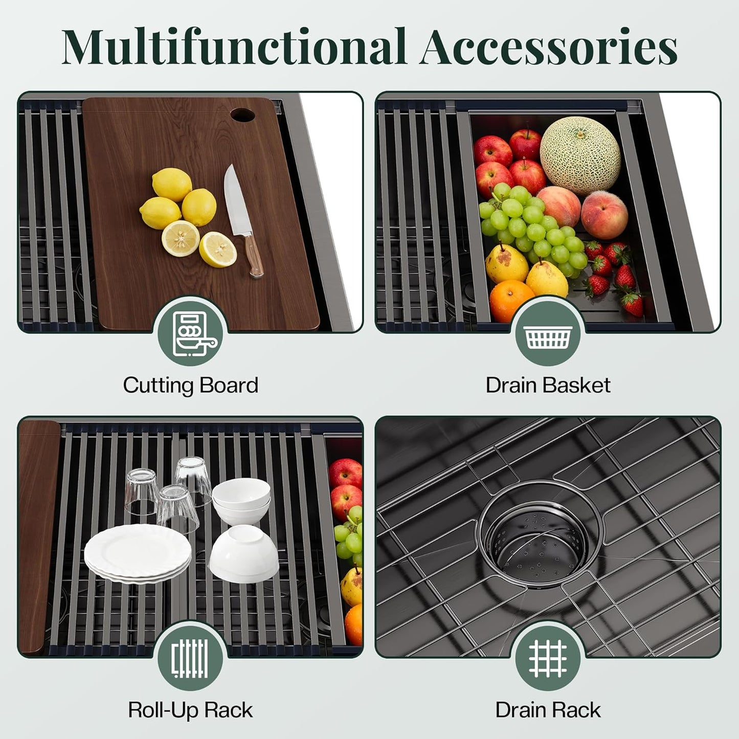 32.5-Inch Undermount Kitchen Sink Workstation, 16 Gauge Stainless Steel Single Bowl Kitchen Sink with Cutting Board, Drying Rack, Roll-Up Rack and Drain Assembly