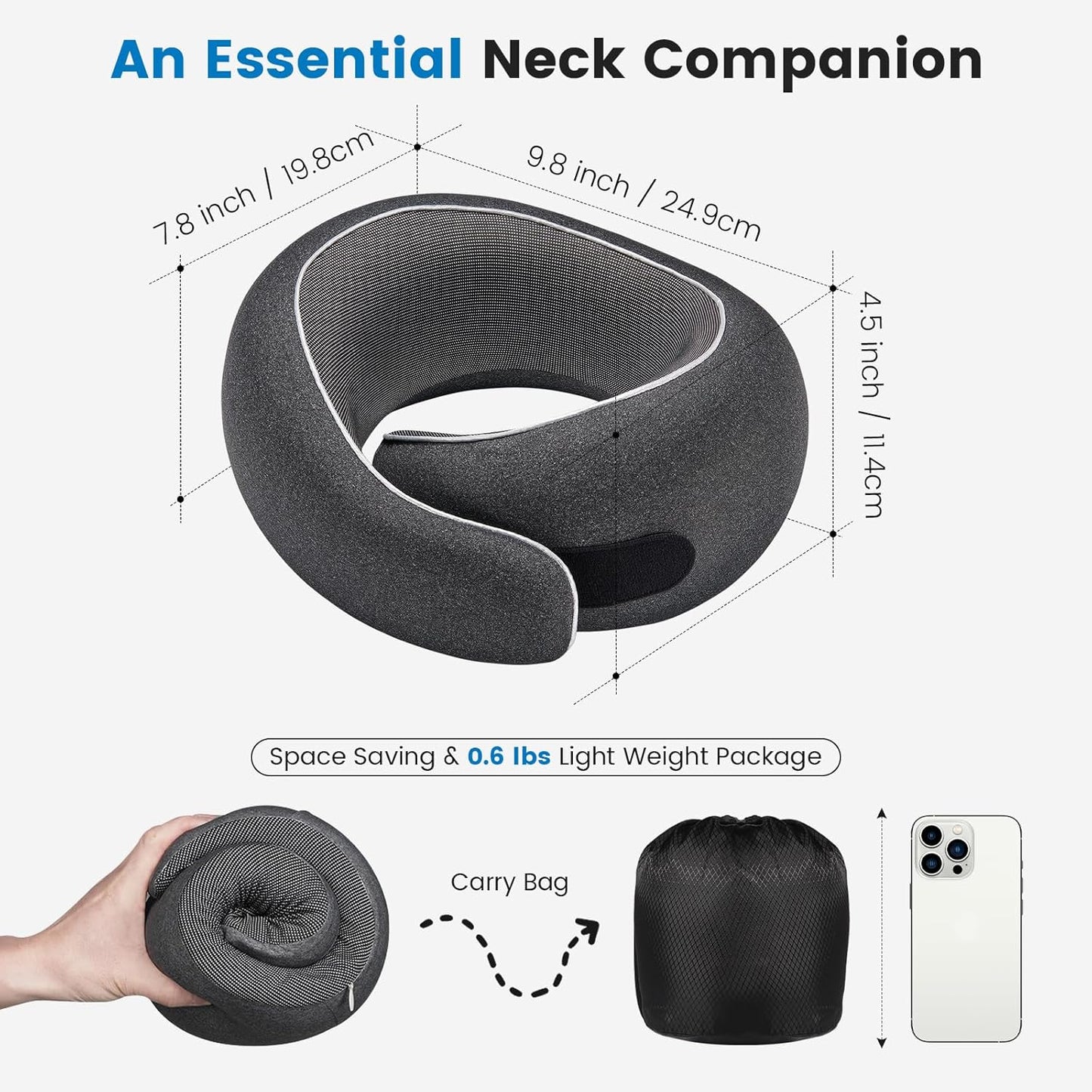 Neck Pillow Airplane,100% Pure Memory FoamTravel Neck Pillow Travel Neck Support Ergonomic &Portable Design Best for Sleeping Plane Car Train Office Flight (Small Black)