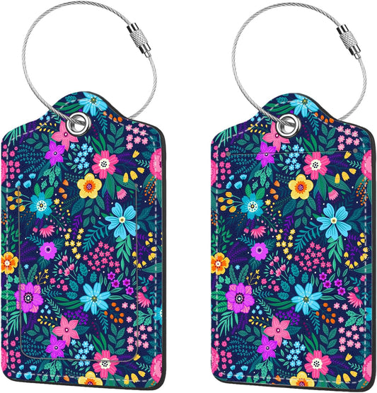 2 Pcs Luggage Tags for Suitcase, Cute Unique PU Leather Travel Bag Tag with Privacy Cover ID Label Address Card and Durable Metal Ring Suitable for Men Women Children Backpack,Purple Flowers