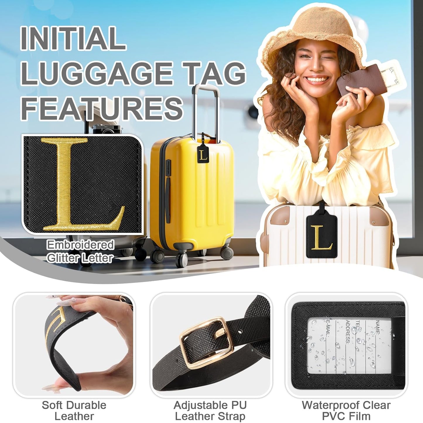 Personalized Initial Luggage Tags for Suitcase TSA Approved, Black Leather Cute Luggage Tag with Privacy Cover Name Card, Embroidered Custom Luggage Tags Travel Backpack Tags Gifts for Women Kids(L)