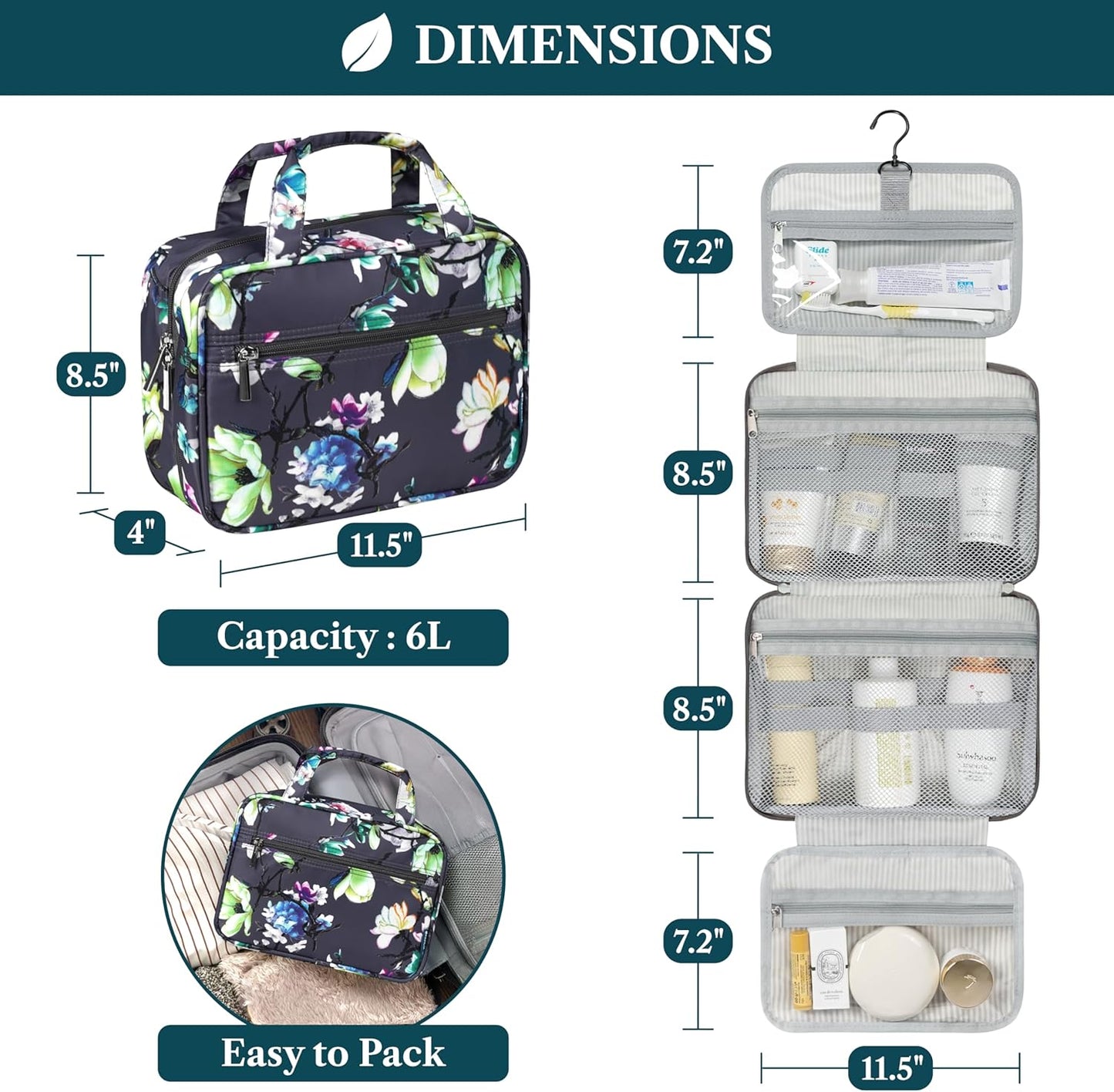 PAVILIA Hanging Toiletry Bag Travel Bag Women Men, Foldable Cosmetic Organizer, Roll up Makeup Bag, Water Resistant Accessories Toiletries, Large Travel Essentials Kit (Grey Floral)