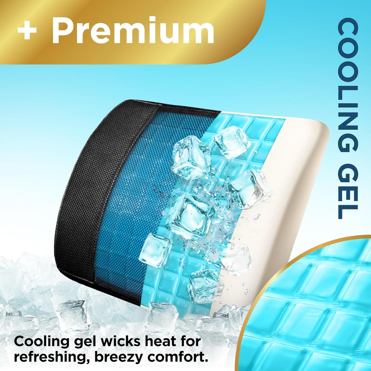 BLACK+DECKER Cooling Gel Lumbar Memory Foam Cushion – Ergonomic Back Support Travel Pillow with Ventilated Mesh, Adjustable Strap, Slow Rebound Memory Foam, Washable Cover