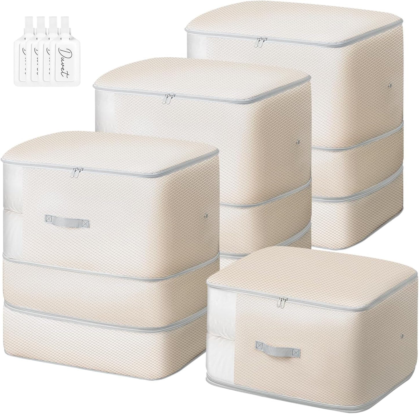 Comforter Storage Bag - 130L Large Capacity Blanket Storage Bags 3-Layer Ultra Space Saving Self Compression Organizer, Washable Compression Bags for Storage Comforter Blanket, 4-Pack, Beige