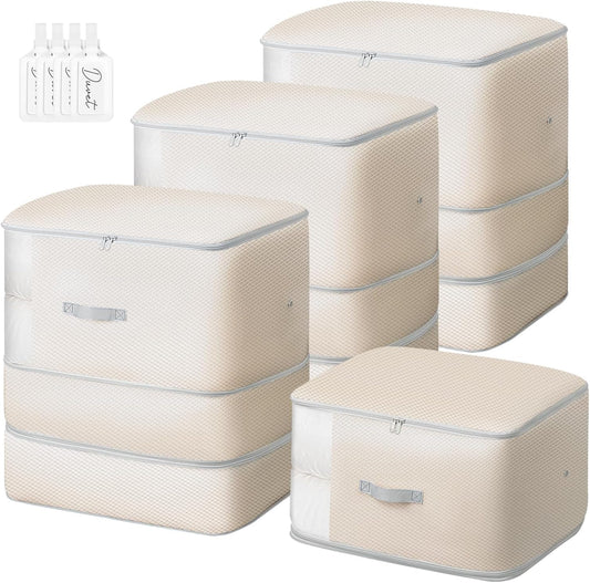 Comforter Storage Bag - 130L Large Capacity Blanket Storage Bags 3-Layer Ultra Space Saving Self Compression Organizer, Washable Compression Bags for Storage Comforter Blanket, 4-Pack, Beige