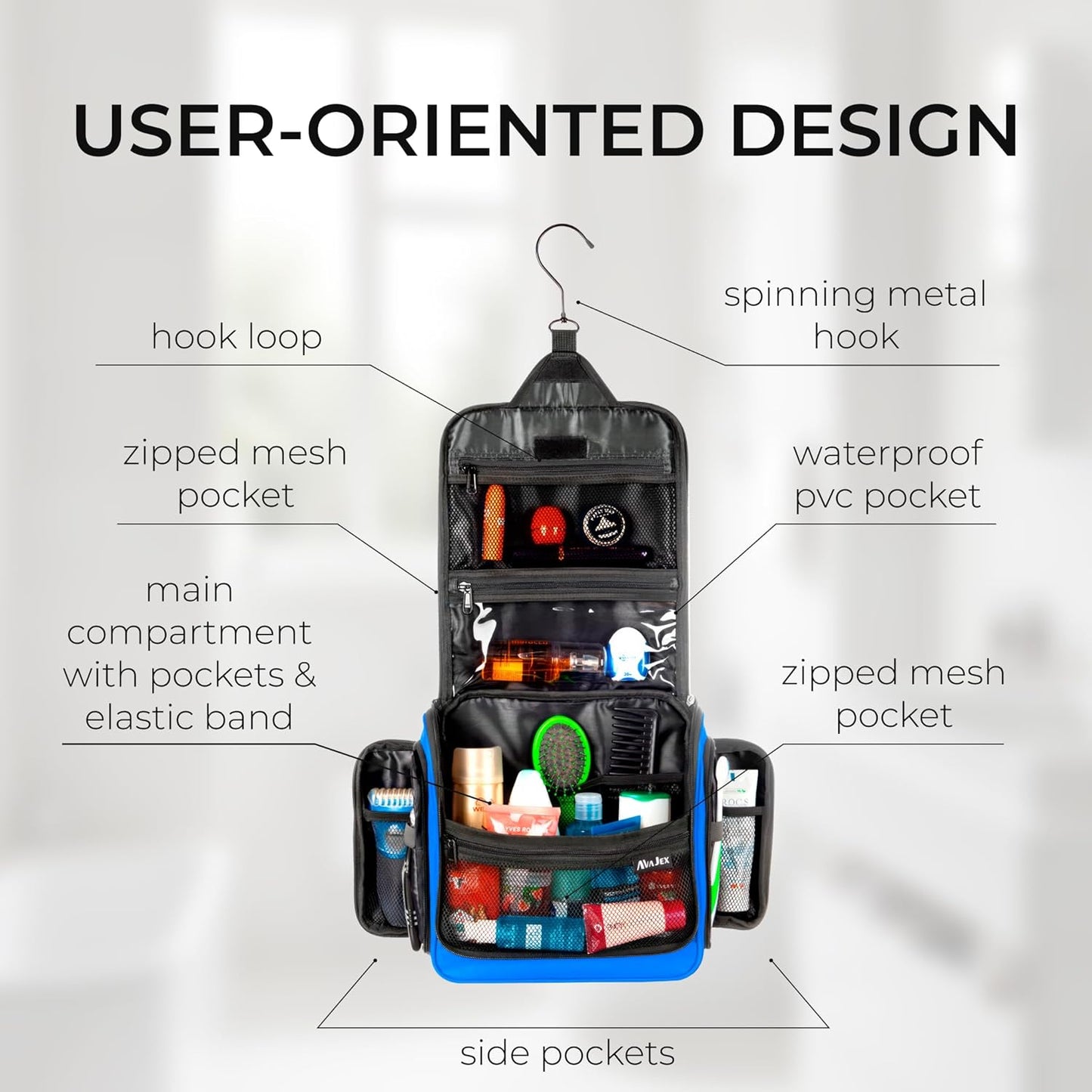 Travel Toiletry Bag for Men and Women - (10.6”x10.6”x3.2”) Large Hanging Toiletry Organizer - Waterproof Hygiene Bag with Metal XXL Swivel Hook, with Sturdy Zippers and 19 Compartments for Toiletries