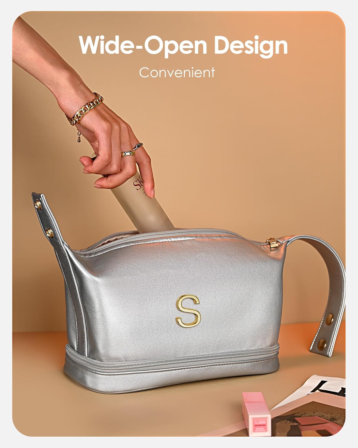 Personalized Gifts for Women Unique, Makeup Bag with Handle, Initial Double Layer Cosmetic Bag with Makeup Brush Organizer, Cute Cosmetic Pouch for Women, Gifts for Friends Female Mom