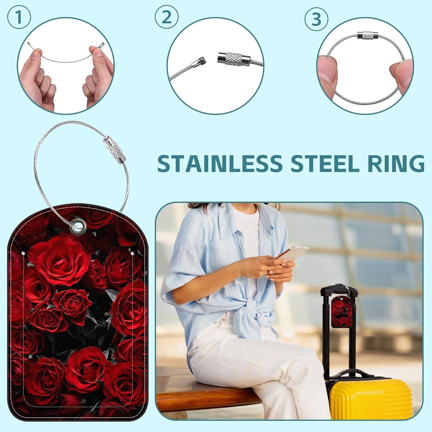 2 Pack Cute Luggage Tag for Suitcases Dark Red Roses Leather Luggage Tags with Stainless Steel Loop Privacy Flap Name Tags,Men and Women Travel Bag Suitcase Tags