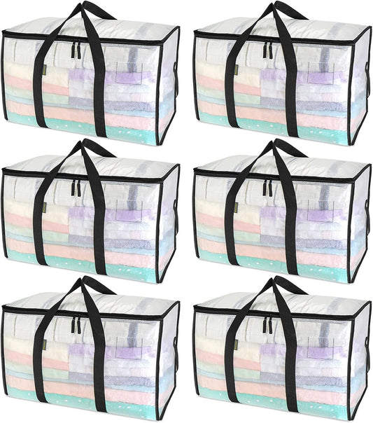 BALEINE 6-Pack Oversized Moving Bags with Reinforced Handles, Heavy-Duty Storage Tote for Clothes, Moving Supplies (Clear, 6-Pack)
