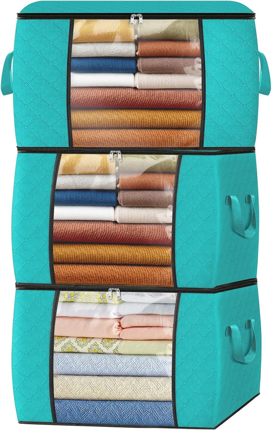 Fab totes 24 Gallons Clothes Storage, Foldable Thick Fabric Blanket Storage Bags, Containers for Organizing Bedroom, Closet, Clothing, Comforter, Organization with Handle (3 Pack,Green)