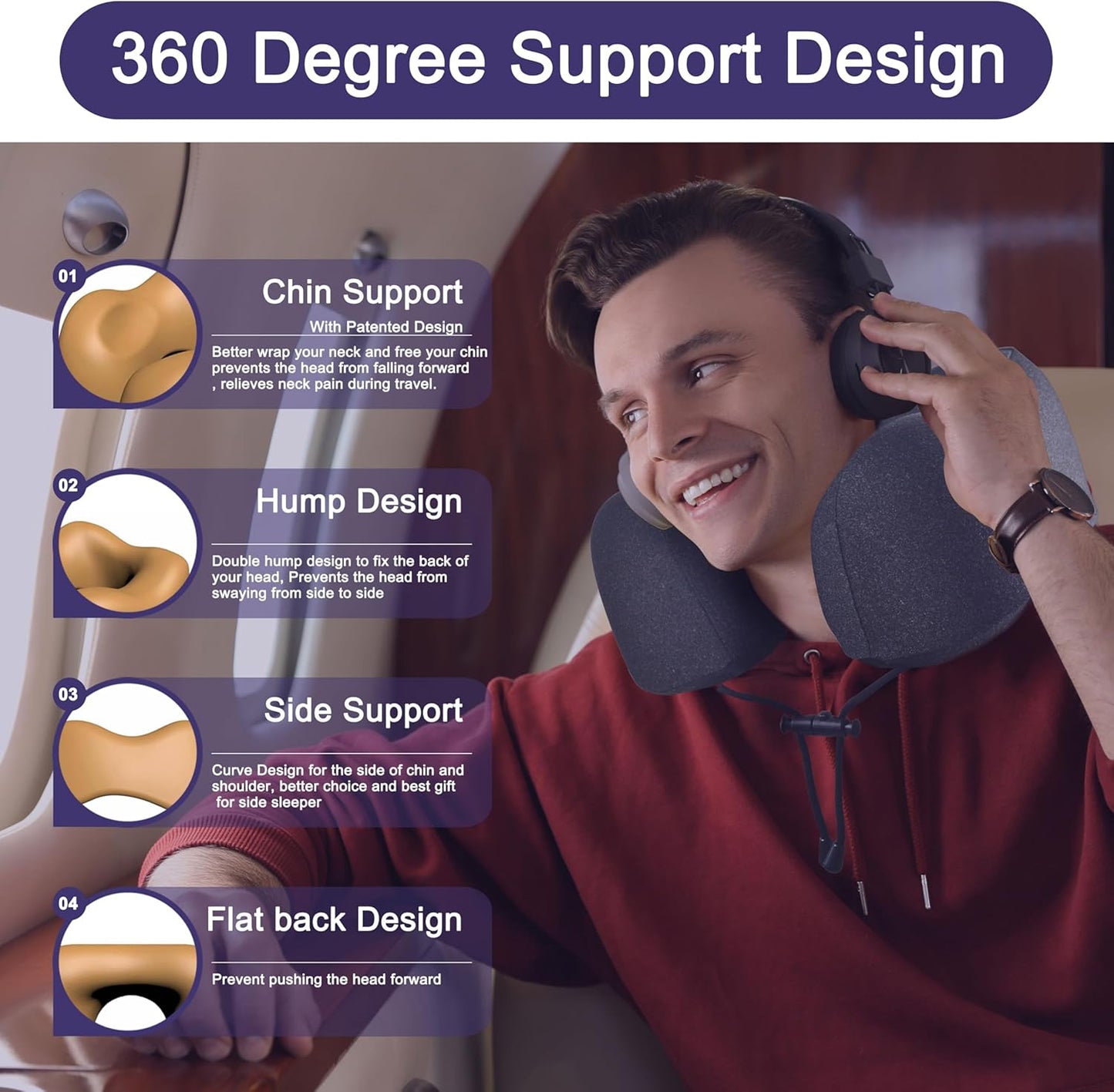 napfun Travel Pillow, Travel Accessories & Travel Essentials for Airplane Upgraded 100% Pure Memory Foam Travel Neck Pillow for Flight Headrest Sleep, Portable Plane Necessities, Full Black