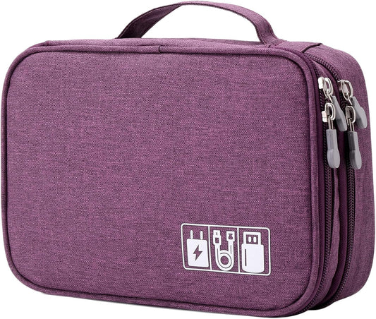 mygreen Electronics Travel Organizer Storage Bag, Double Layer Universal Traveling Gear Accessories Carrying Cover Pouch for iPad Mini Cables Phone Chargers Adapter Flash Hard Drive and More Purple