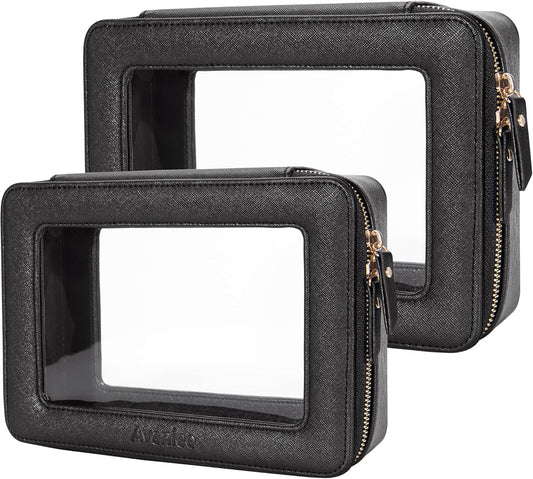 Aveniee Clear Makeup Bag Set,Portable Travel Toiletry Bag Cosmetic Case for Women,Vegan Leather Make Up Pouch Organizer Car Bag for Essentials 2pcs,Middle & Large,Black