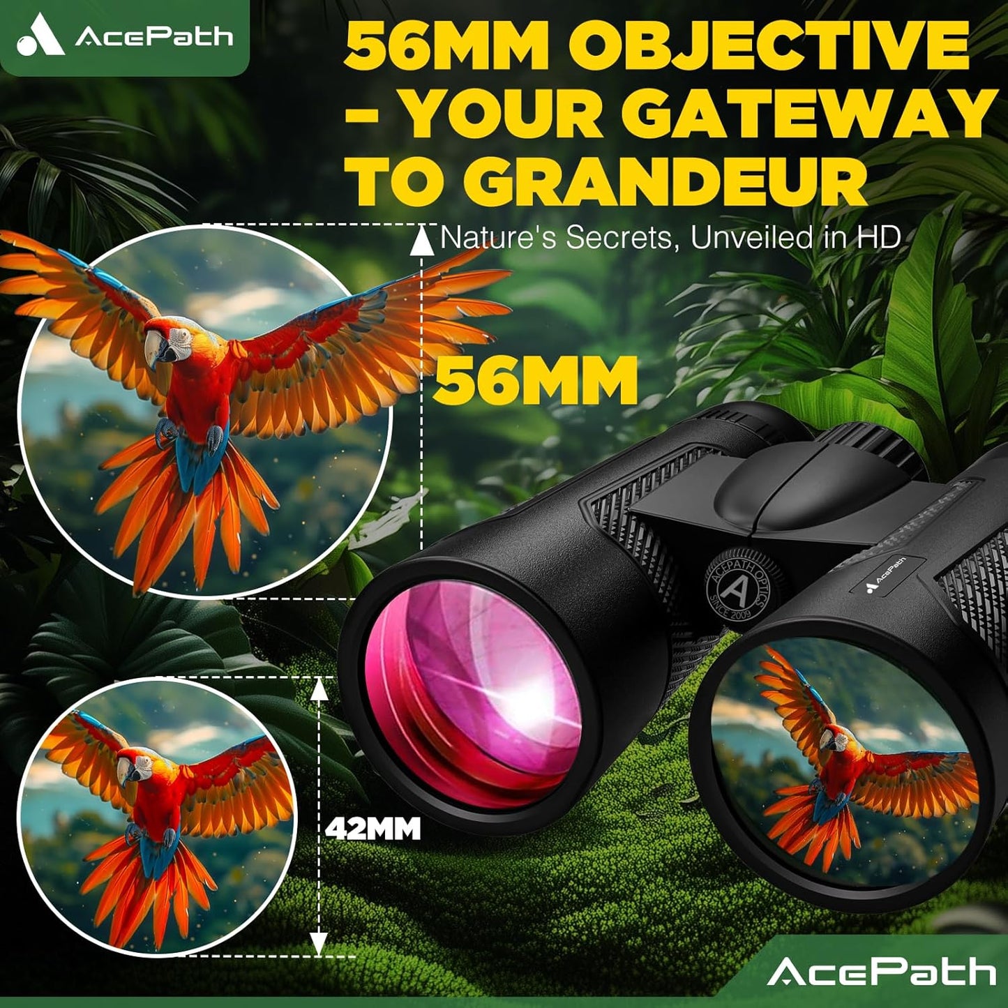 15x56 Binoculars for Adults High Powered - Large View Waterproof Binoculars with Clear Low Light Vision - Compact Binocular Essentials for Hunting Camping Cruise Travel Bird Watching Sports