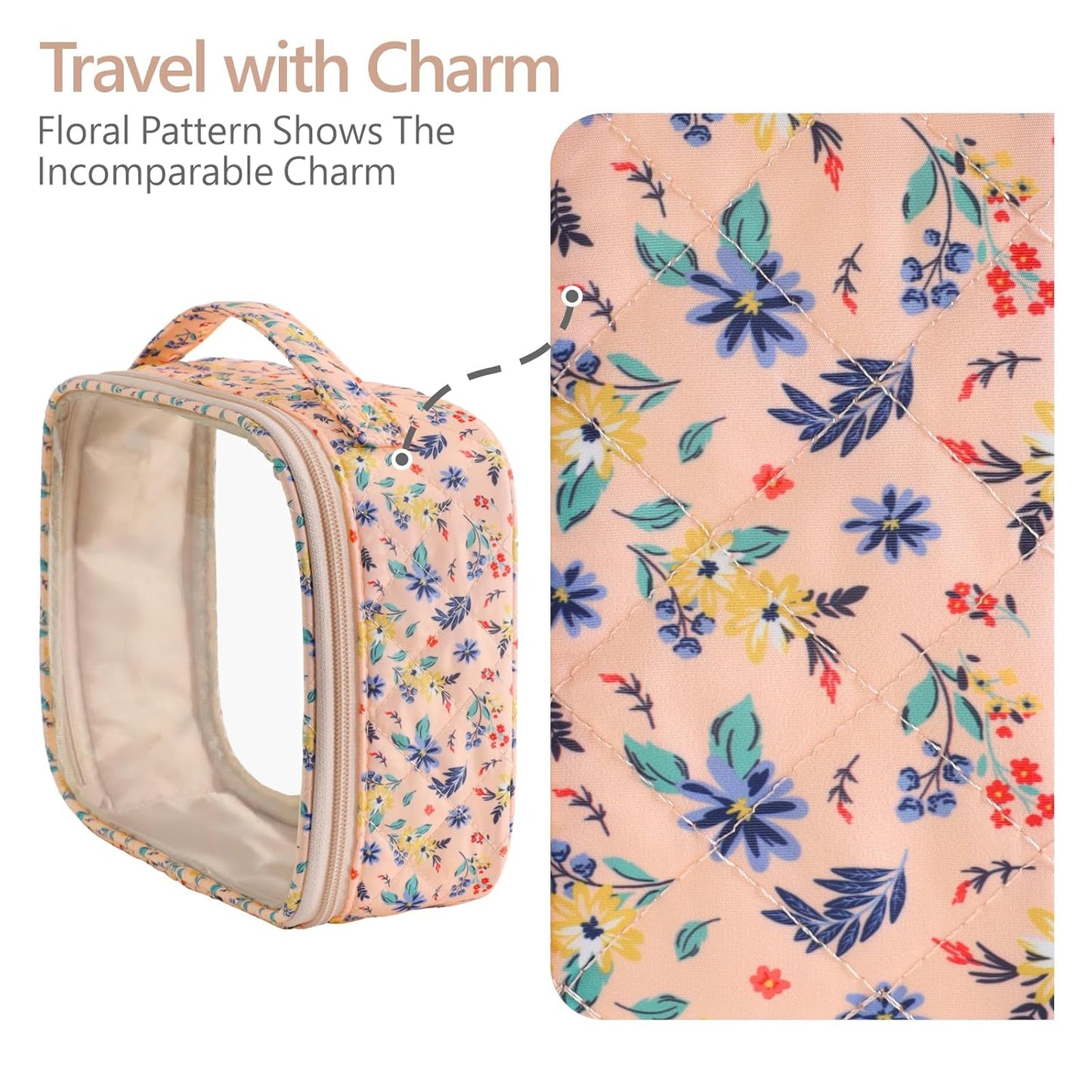 PACKISM Clear Makeup Bag - 2 Pack TSA Approved Toiletry Bag with Handle and 180° Large Opening, Clear Toiletry Bag Fit Carry-on Travel Essential, Travel Bags for Toiletries, Nude Pink Ditsy Floral