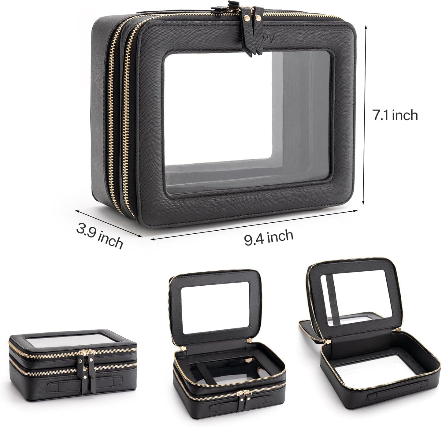 Aveniee XL Clear Makeup Organizer,Double Layer Travel Cosmetic Case with Brush Holder & Zippered Compartments,Big Toiletry Bag for Travel Accessories,2 Layers Large,Black