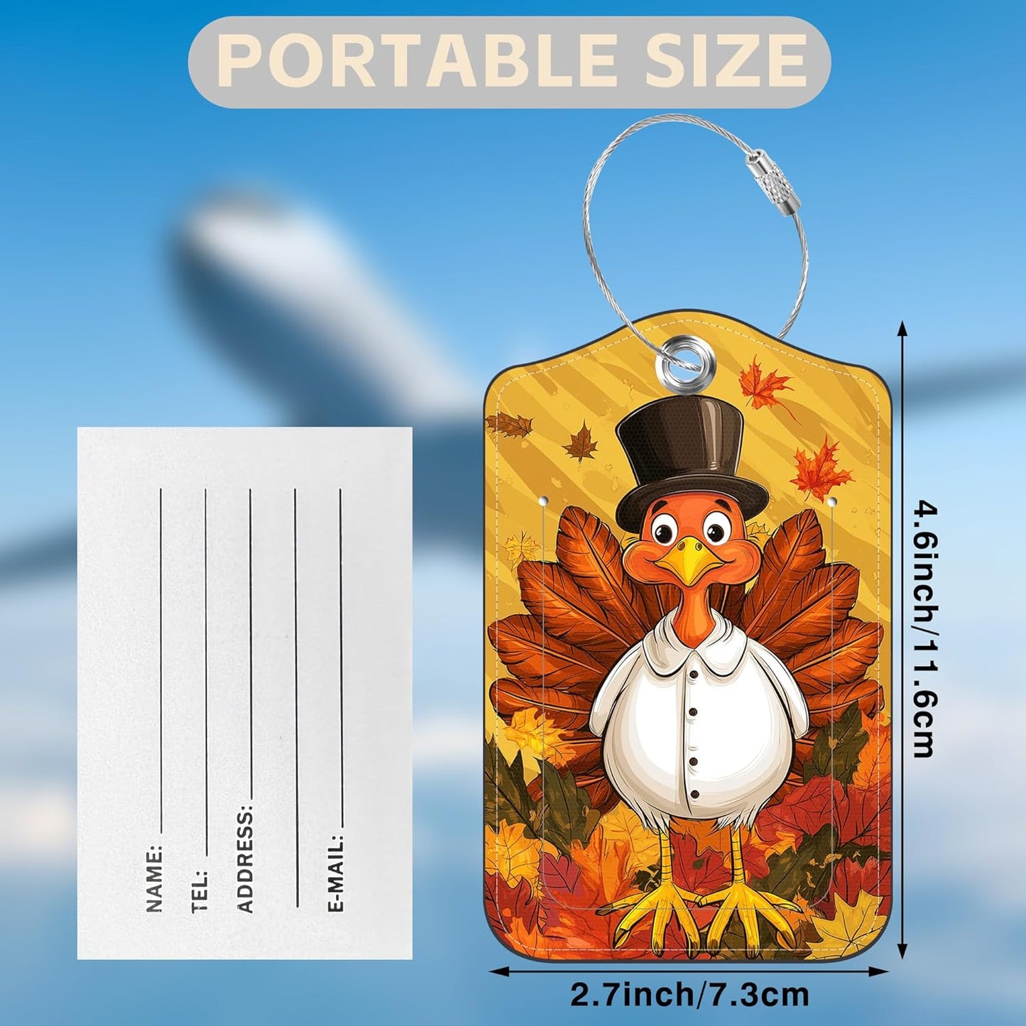 2 Pcs Autumn Turkey Luggage Tags for Suitcases PU Leather Baggage Tags Name ID Label with Privacy Cover and Stainless Steel Loop for Men Women Travel Bag Suitcase