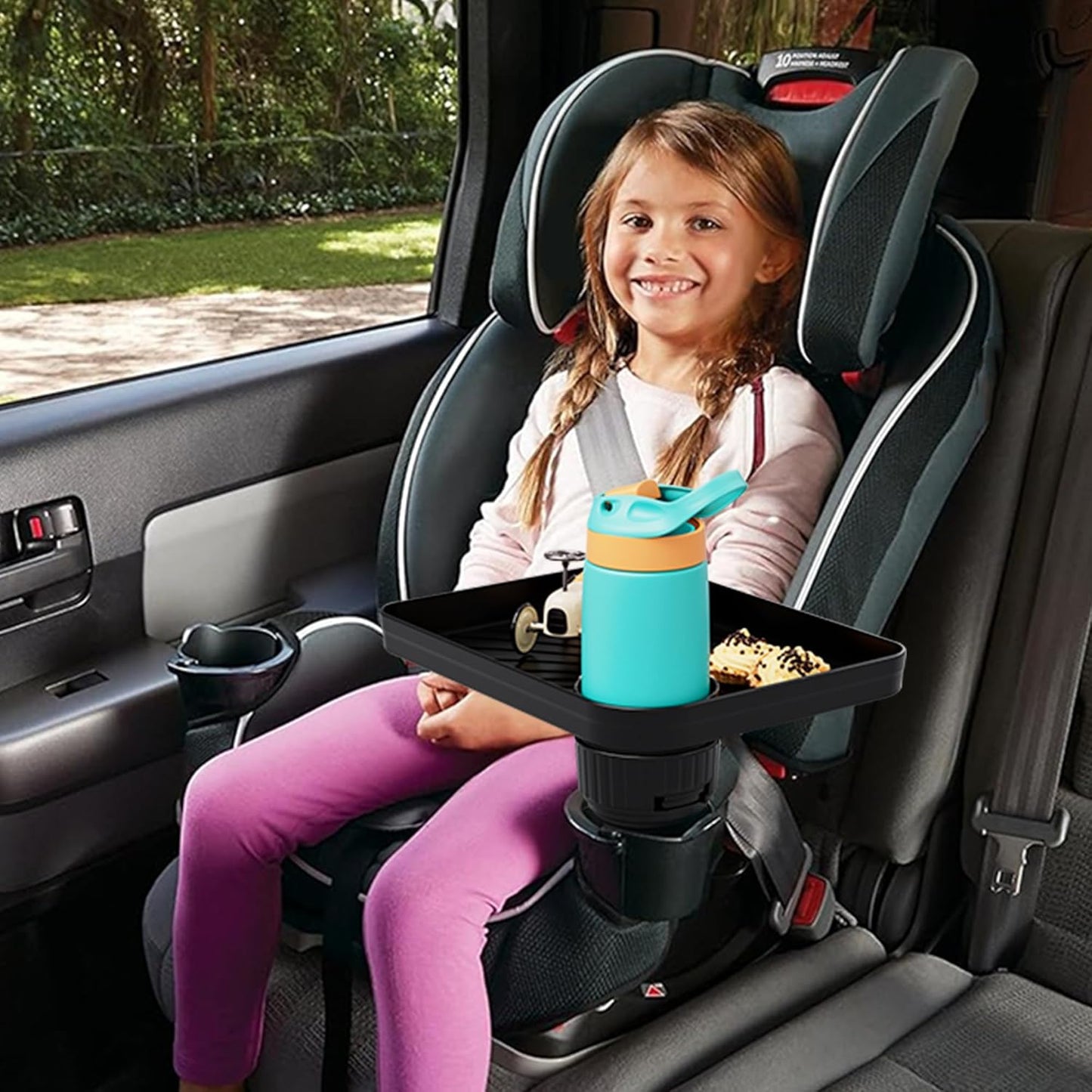Upgraded Car Seat Tray for Kids Car Seat Tray with Expandable Base for Snacks, Toys, Books, Entertainment Kids Travel Essentials Fits 3.1''-3.5'' Cup Holders (1, Large Base)