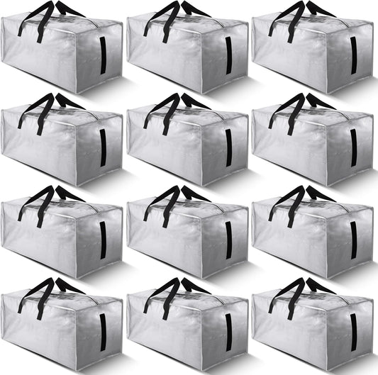12 Pack Large Strong Moving Bags with Zippers & Carrying Handles - Water-Resistant - Heavy Duty Storage Tote for Space Saving Moving Storage, Fold Flat, Alternative to Moving Box (Silver)