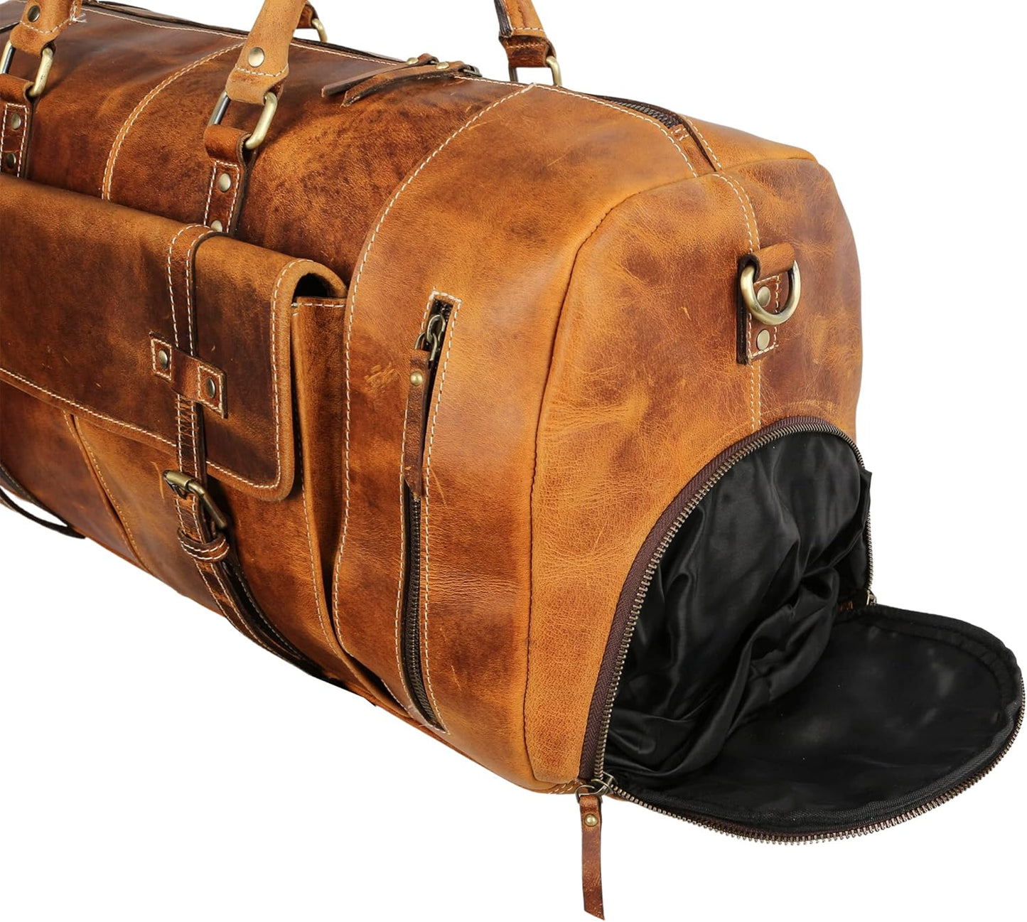 KomalC Leather Duffel Bags for Men and Women Full Grain Leather Travel Overnight Weekend Leather Bags Sports Gym Duffel for Men (Distressed Tan, 28 Inch)