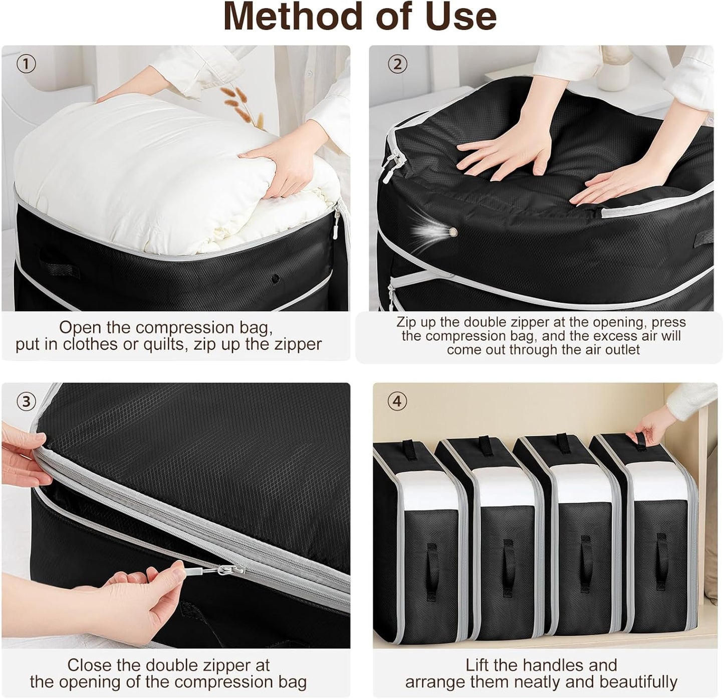 4 Pack Compression Storage Bags - 110L Large Capacity Comforter Storage Bag, 3-Layer Washable Ultra Space Saving Self Compression Organizer Space Bags for Blanket, Sweater, Sheet, Black