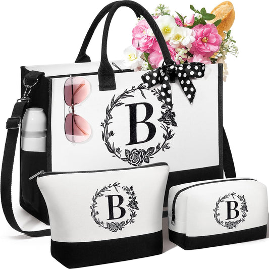 Personalized Christmas Gifts for Women, Initial Canvas Tote Bag & Makeup Bag Monogrammed Beach Tote Bags for Women w/Zipper, Birthday Gifts for Mom Her Sister Friend Girlfriend Wife Daughter Teacher