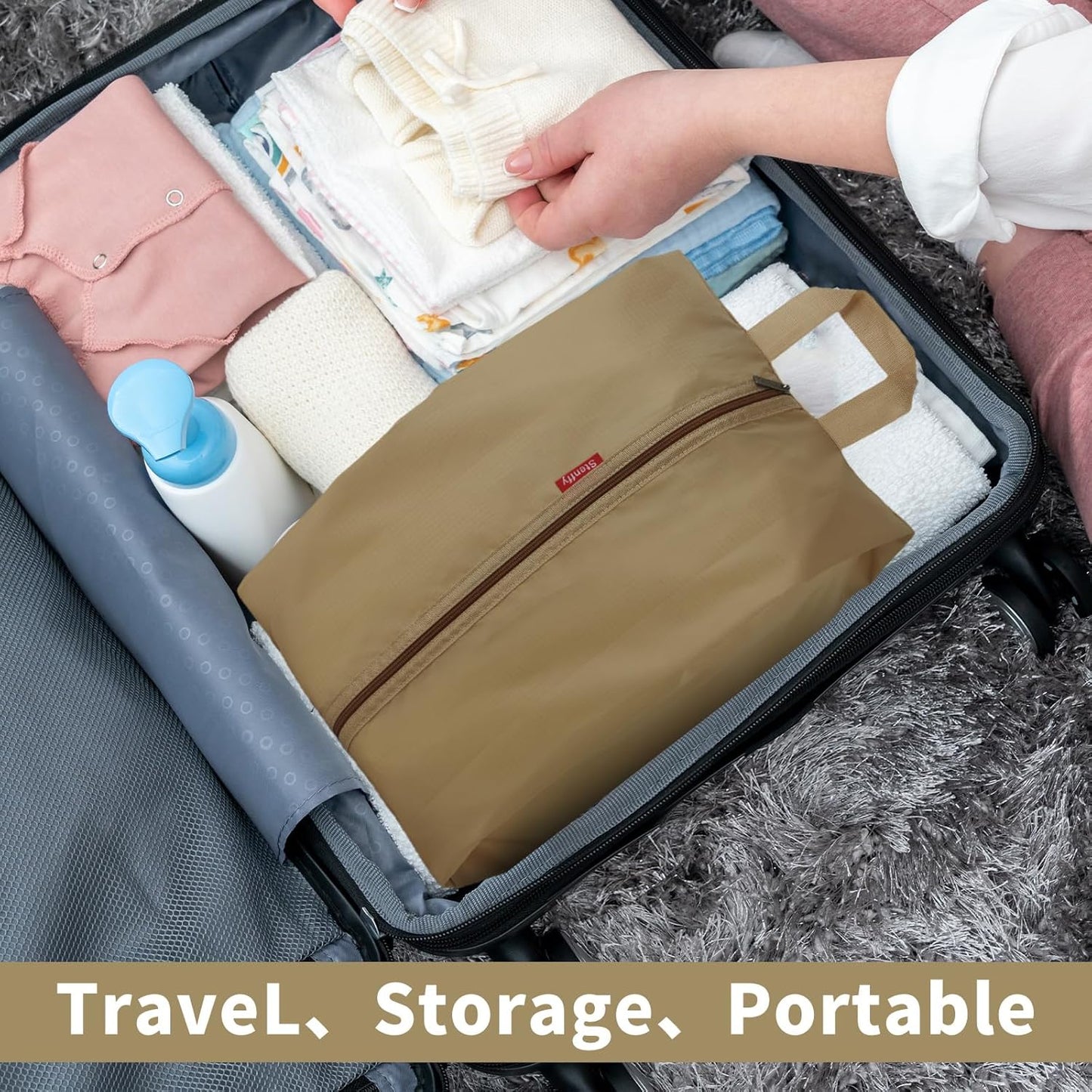 6pcs Portable Shoe Organizer, Travel Pouches with Zipper, Golf Shoe Bags, Clothes Bags, Soccer Cleats Bag Shoe Pouch for Gym, Waterproof, Odor-Resistant (Khaki)