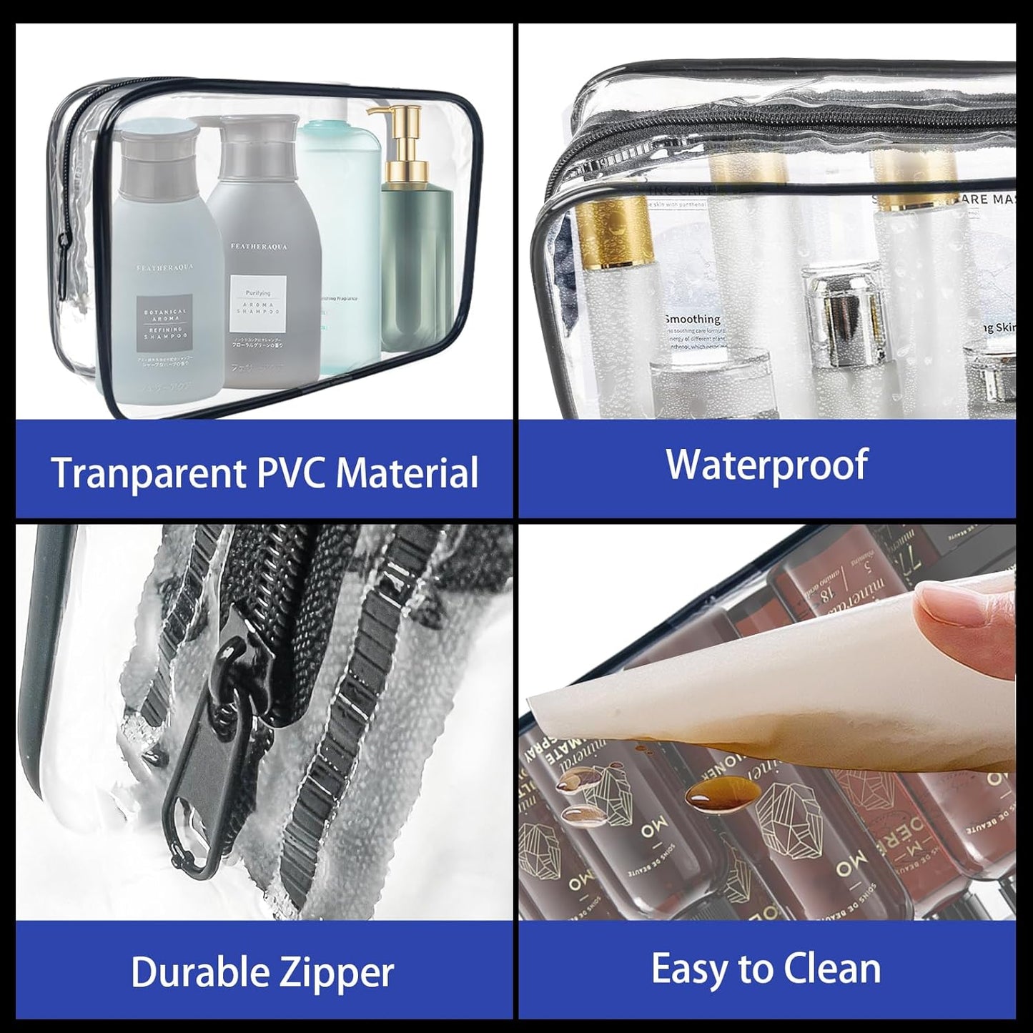 16 Pack Waterproof Cosmetic Bag TSA Approved Toiletry Bag, Portable Travel Pouch with Zipper, Vinyl Plastic Organizer Storage for Men and Women (Black-L)