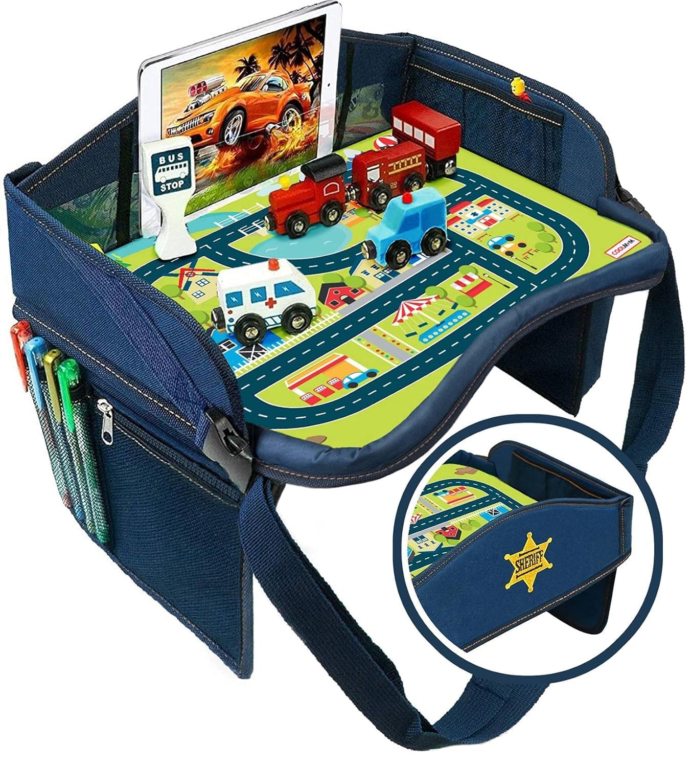 Coolmum Kids Travel Tray, Toddler Car Seat Tray, Double Sided Activity Organizer, Snack Lap Table, Baby Stroller Tray, Airplane Play Table, Waterproof and Foldable (Premium Blue)