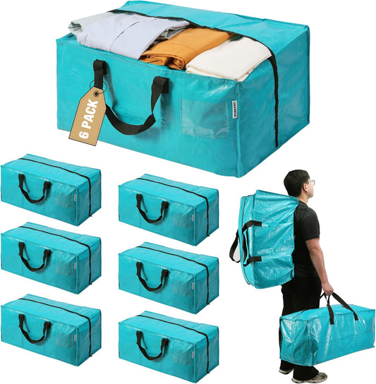 WORKPRO 6 Pack Extra Large Moving Bags with Zippers & Carrying Handles Backpack Straps, Heavy-Duty Storage Tote for Space Saving & Storage, Alternative to Moving Box (Blue)