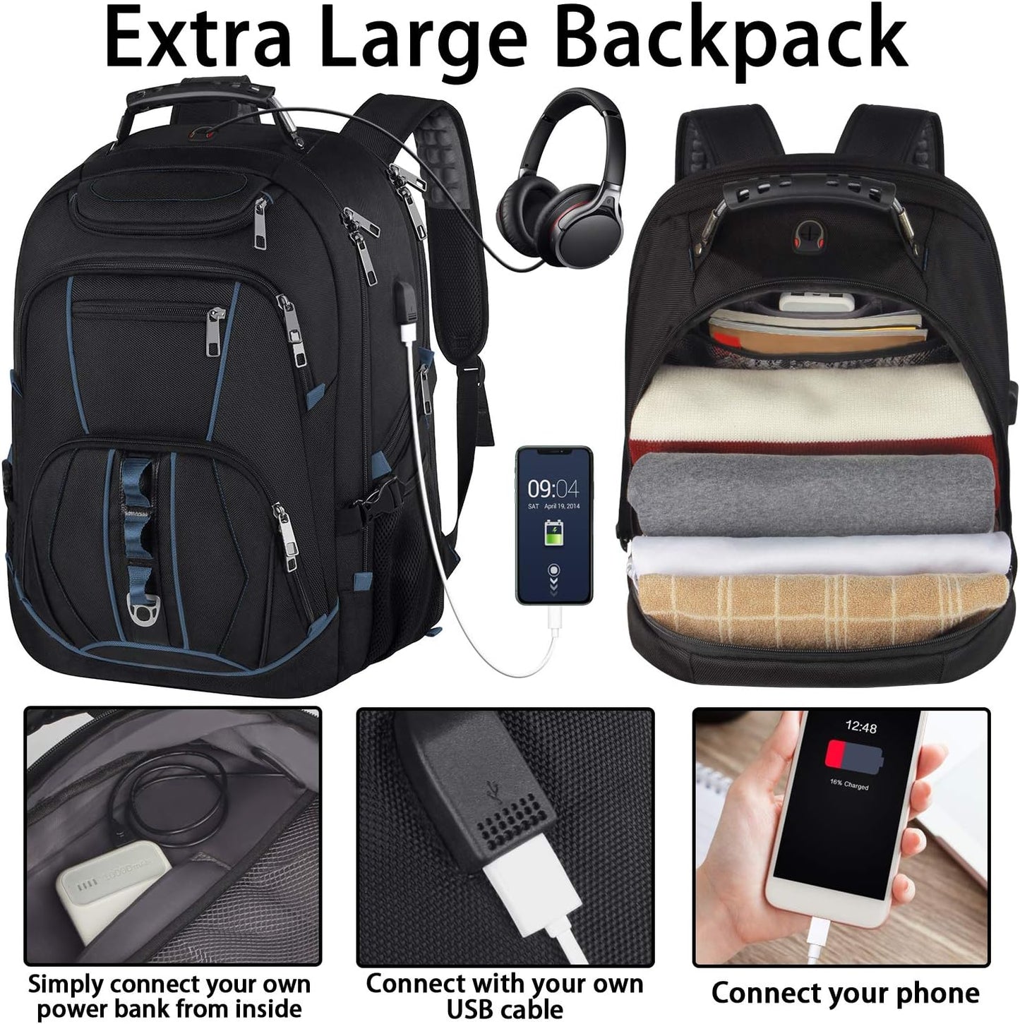 Laptop Backpack, Blue, 55L Capacity, TSA Approved, Multipurpose, Convenient USB Port, Comfortable Back Design, Durable Polyester Fabric
